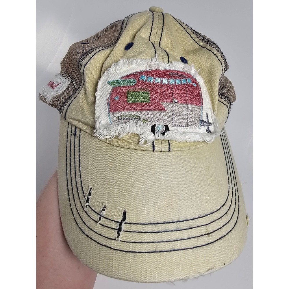 Backroads Bound Camper Trailer Distressed Trucker Hat Tan Navy Mesh Back Cap - Picture 2 of 9